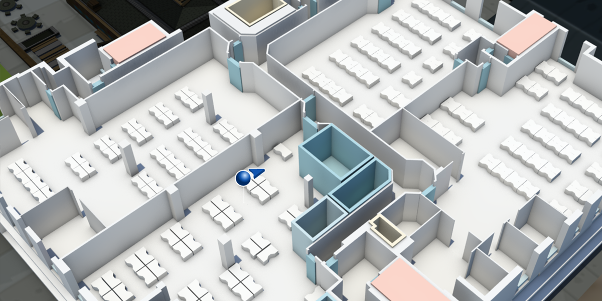 Isometric 3D building floor plan with location marker for Through-Wall Sentry
